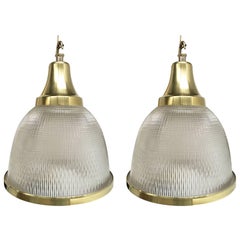 Large Holophane Glass and Brass Pendants Made in the United Kingdom
