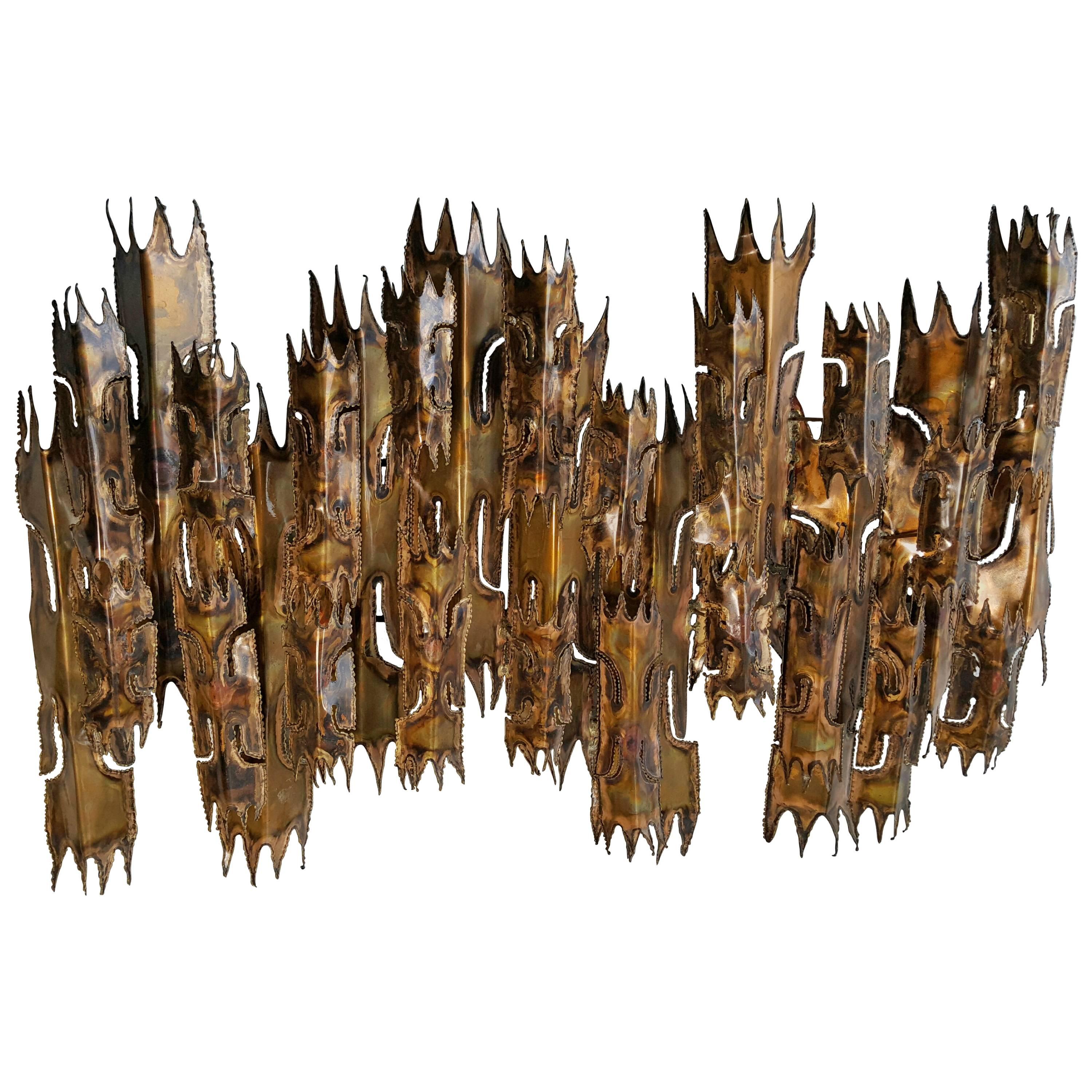 Brutalist Torch Cut Wall Sculpture Candelabrum by Tom Greene, Feldman For Sale