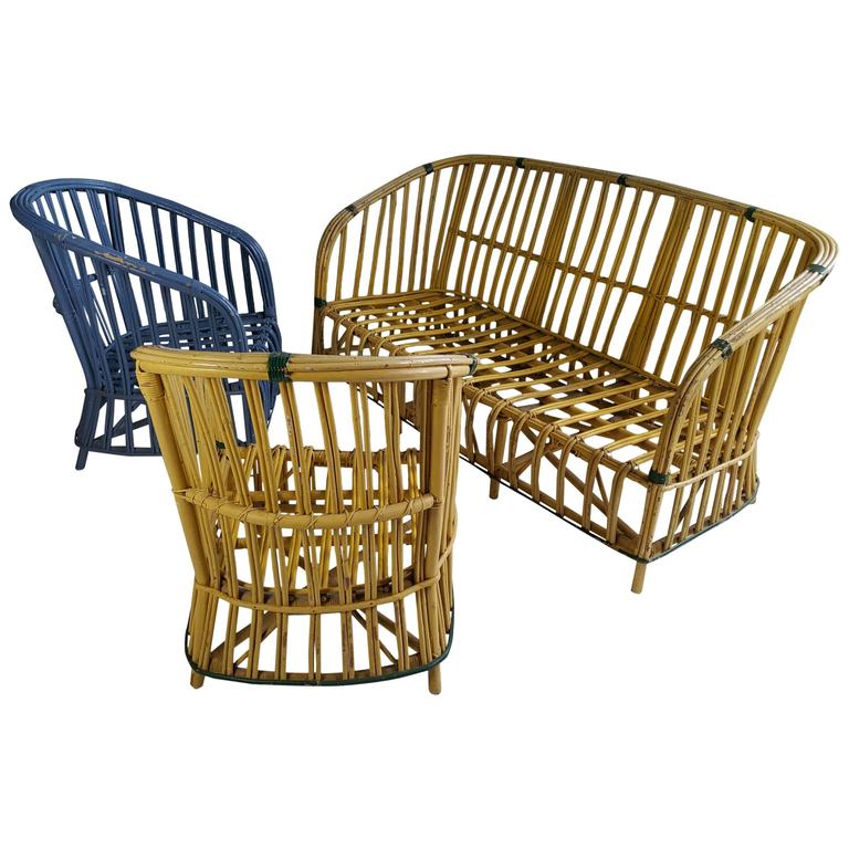 Art Deco Stick Wicker Split Reed Sofa And Chair Set