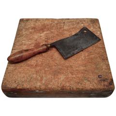 19th Century French Wood Chopping Block and Cleaver