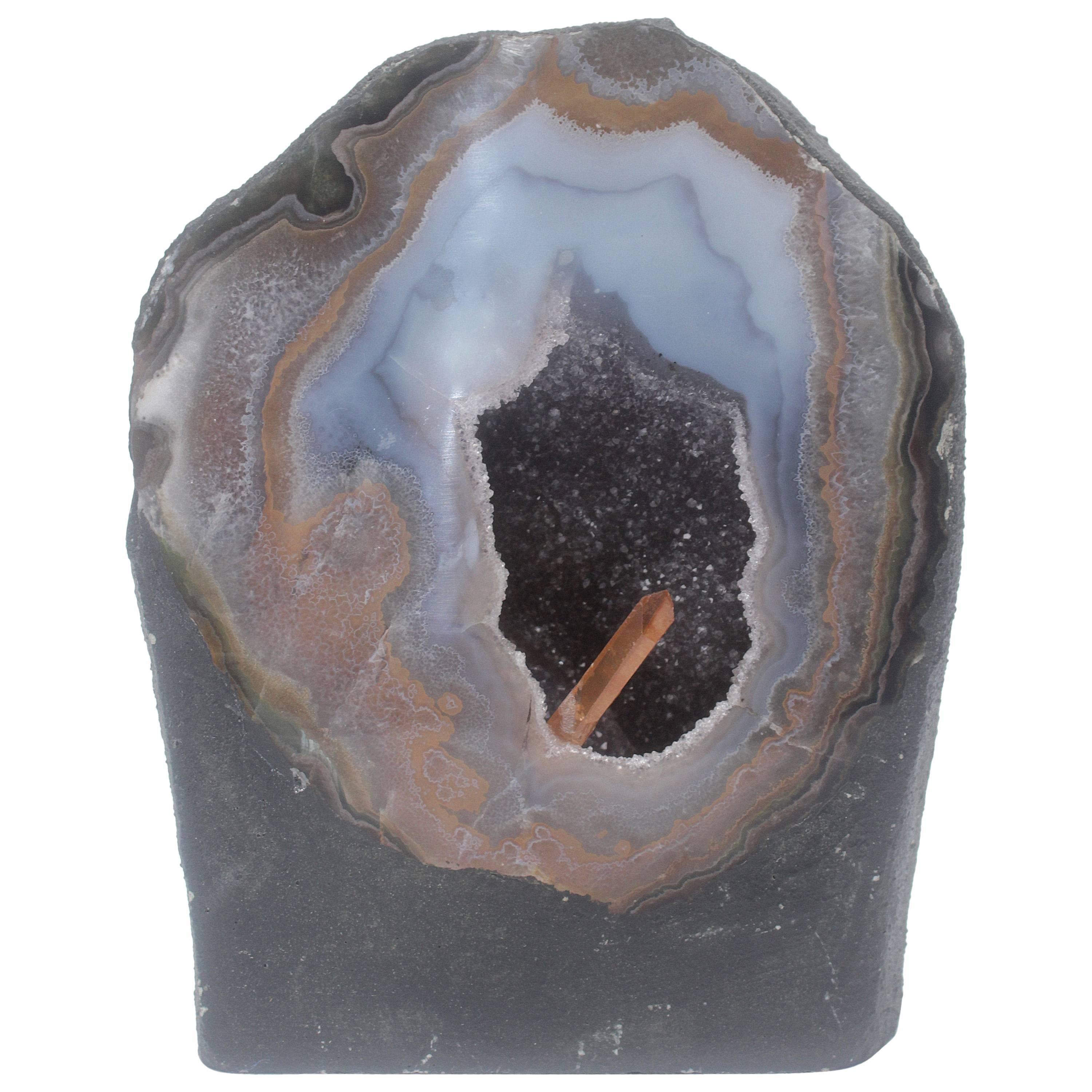 Polished Agate Amethyst Geode Decorated with a Tangerine Crystal Point For Sale
