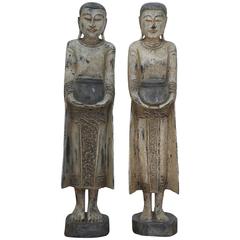 Vintage Pair of 3 foot Burmease Buddhist Statues Carved in Polychromed Wood