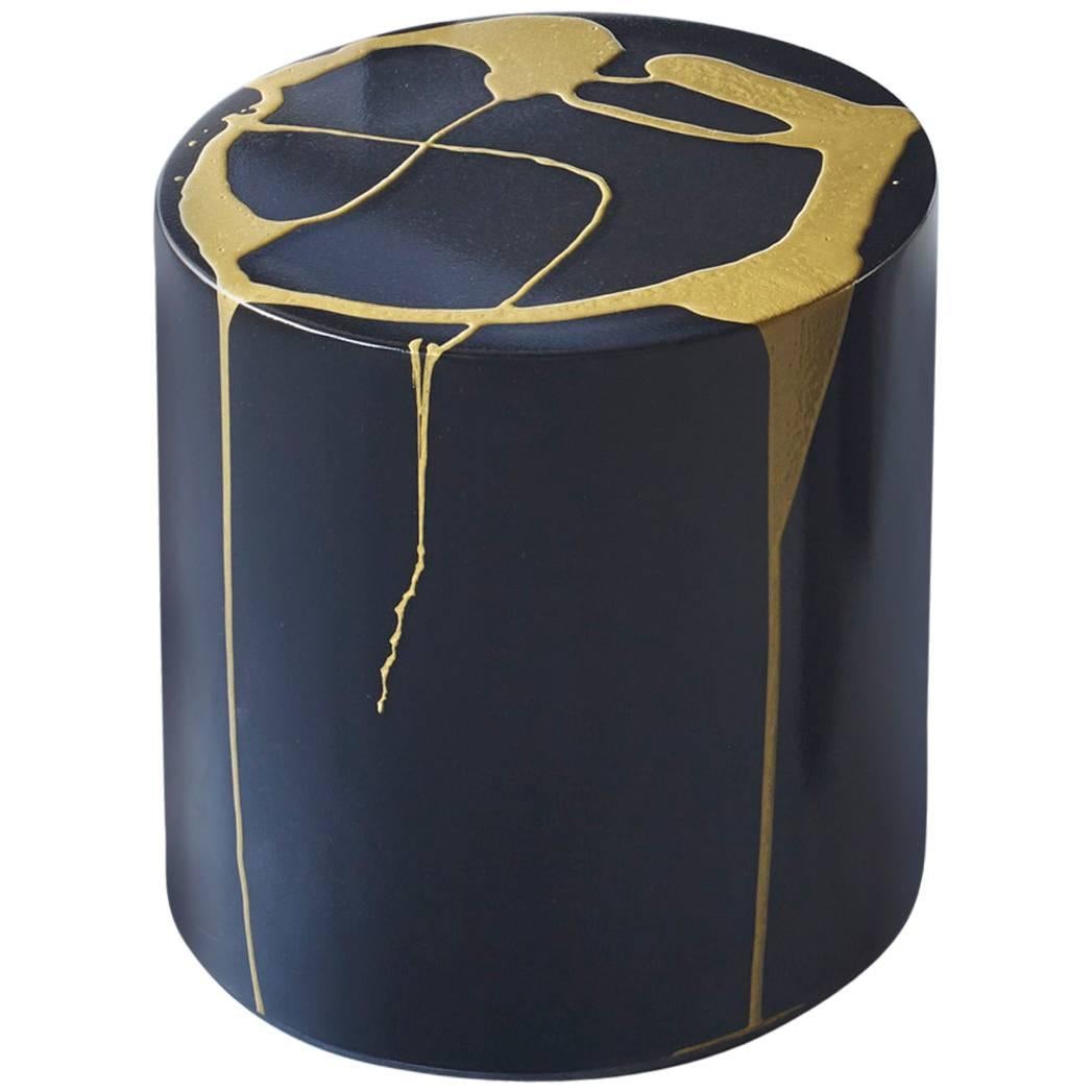Martha Sturdy, Black and Gold Resin Art Application Round Stool/ Side Table For Sale