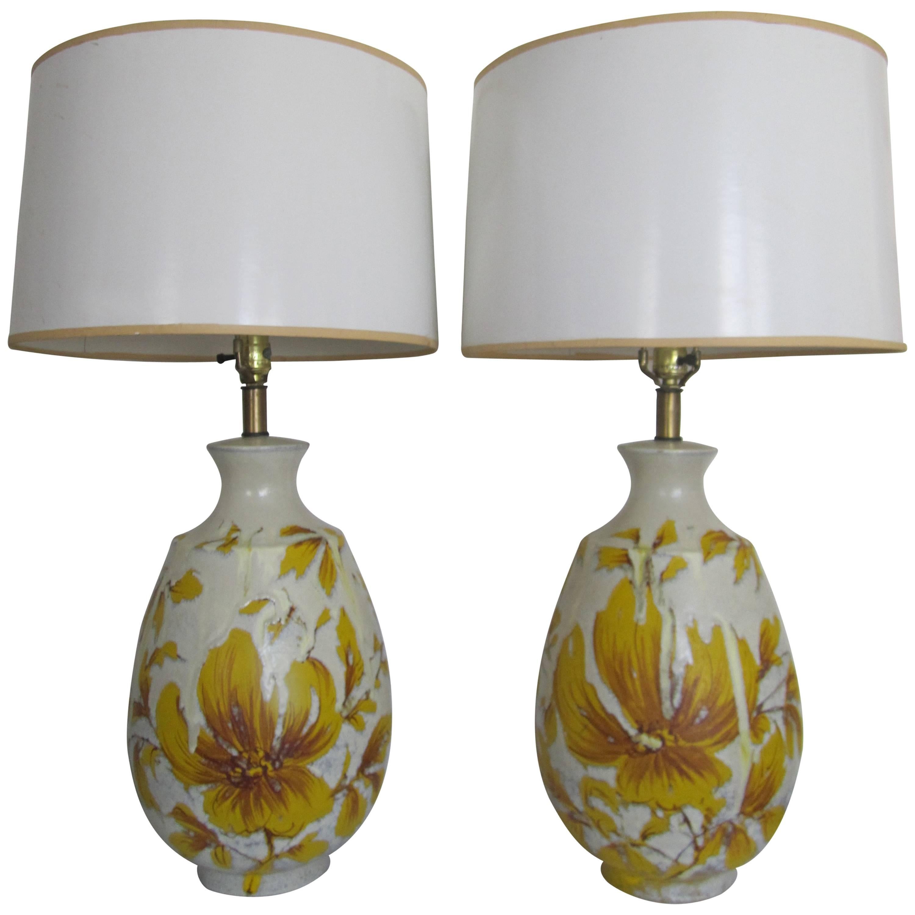 Yellow and White Terracotta Pottery Table Lamps with Flowers, Pair, 1960s