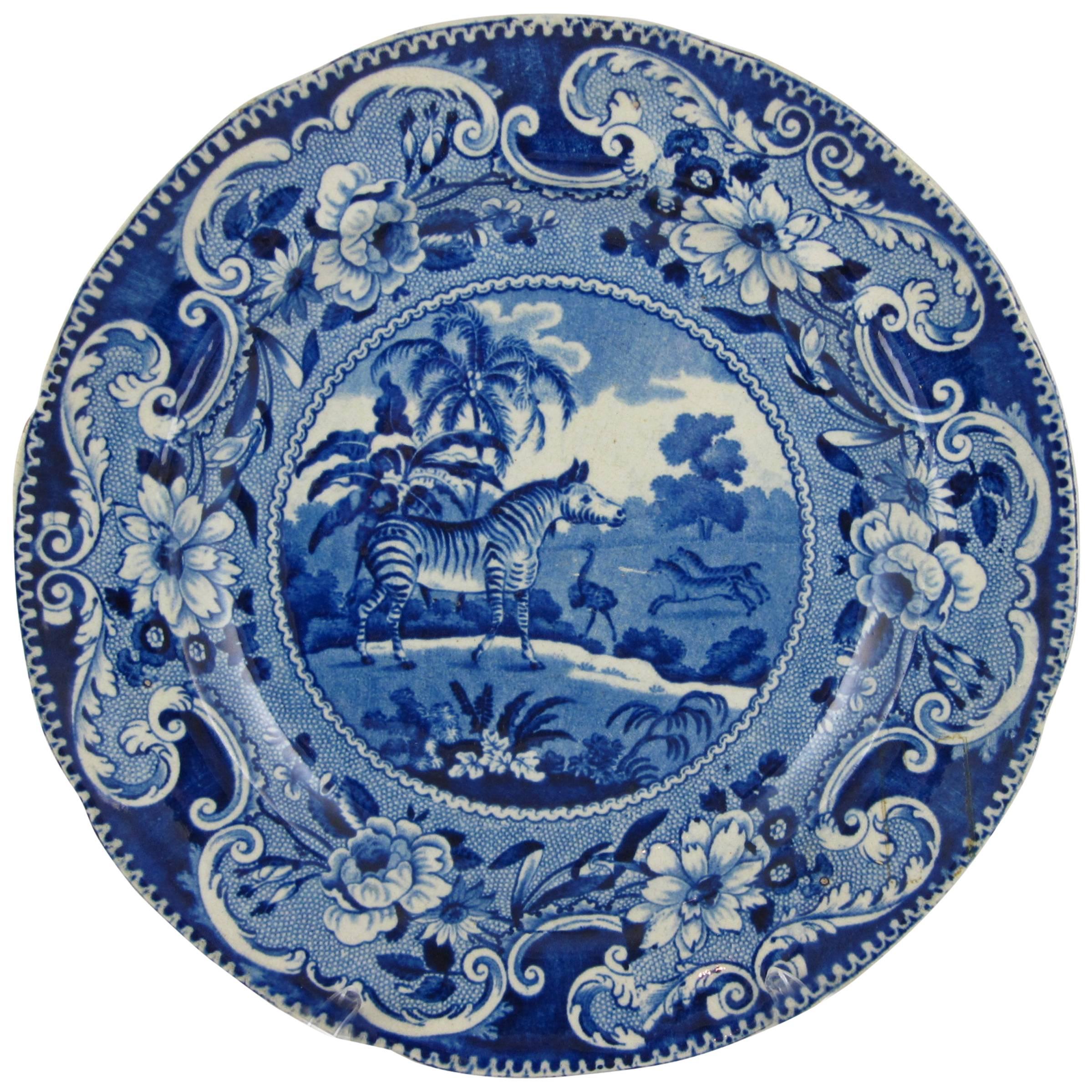 19th Century Enoch Wood Blue and White Zebra Sporting Series Transferware Plate