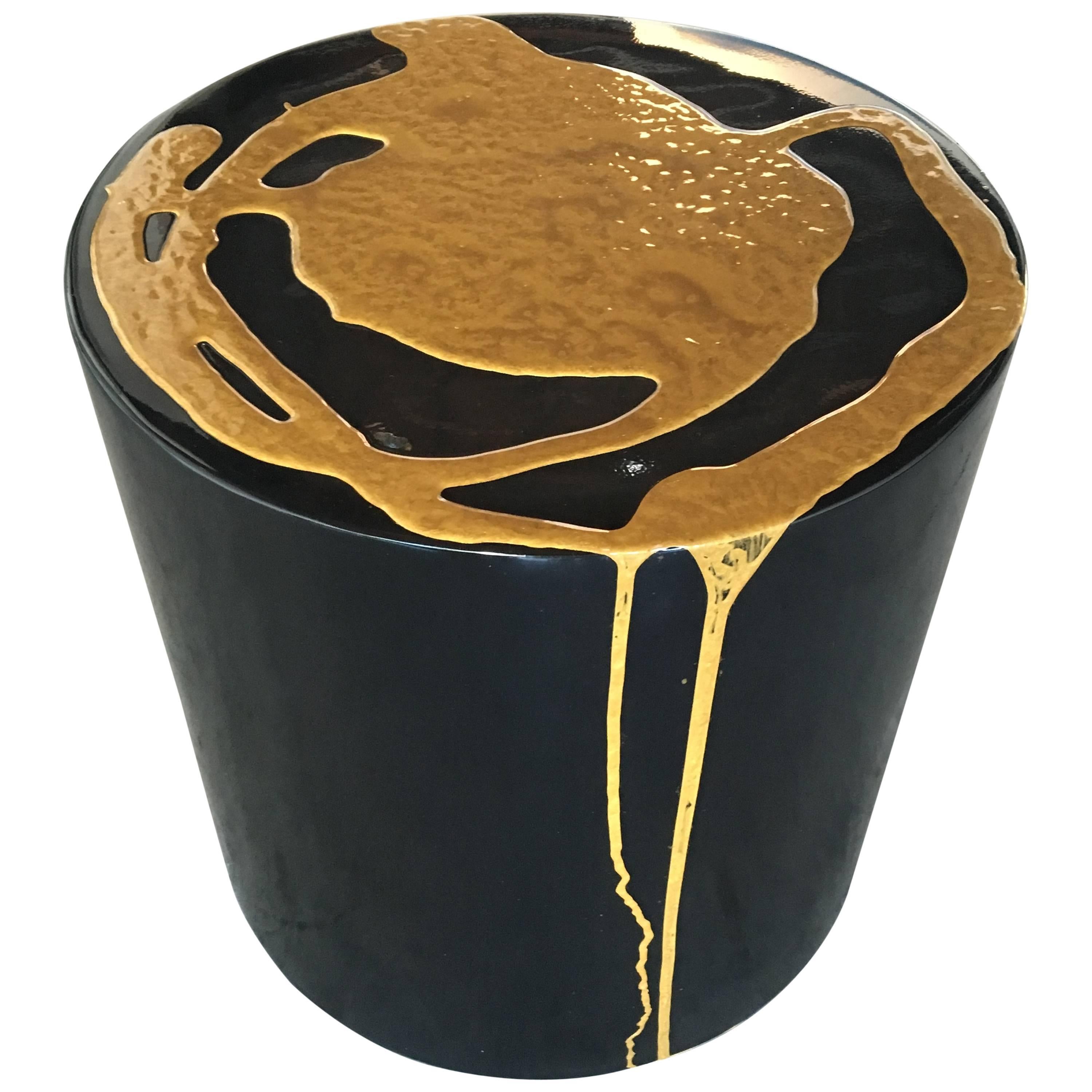 Martha Sturdy, Black and Gold Resin Art Application Round Stool or Side Table For Sale