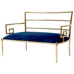 Hollywood Regency Brass Greek Key and Blue Velvet Settee Sofa