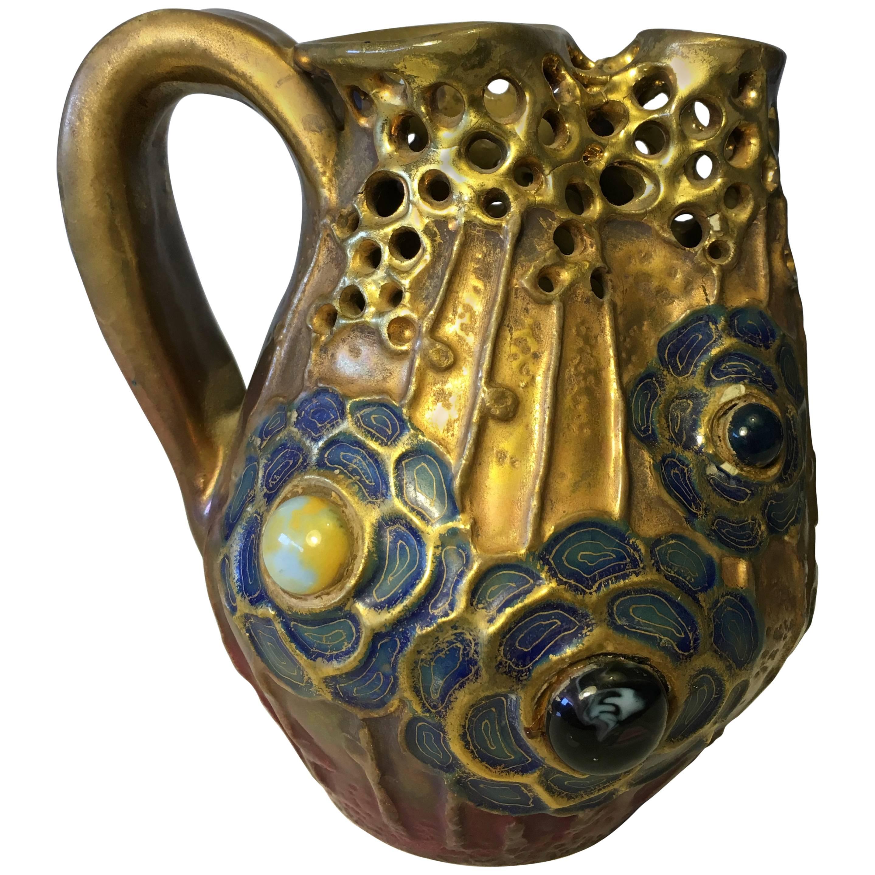 Riessner & Kessel Amphora Glass Jeweled, Gres Bijou Series Pitcher, circa 1904 For Sale