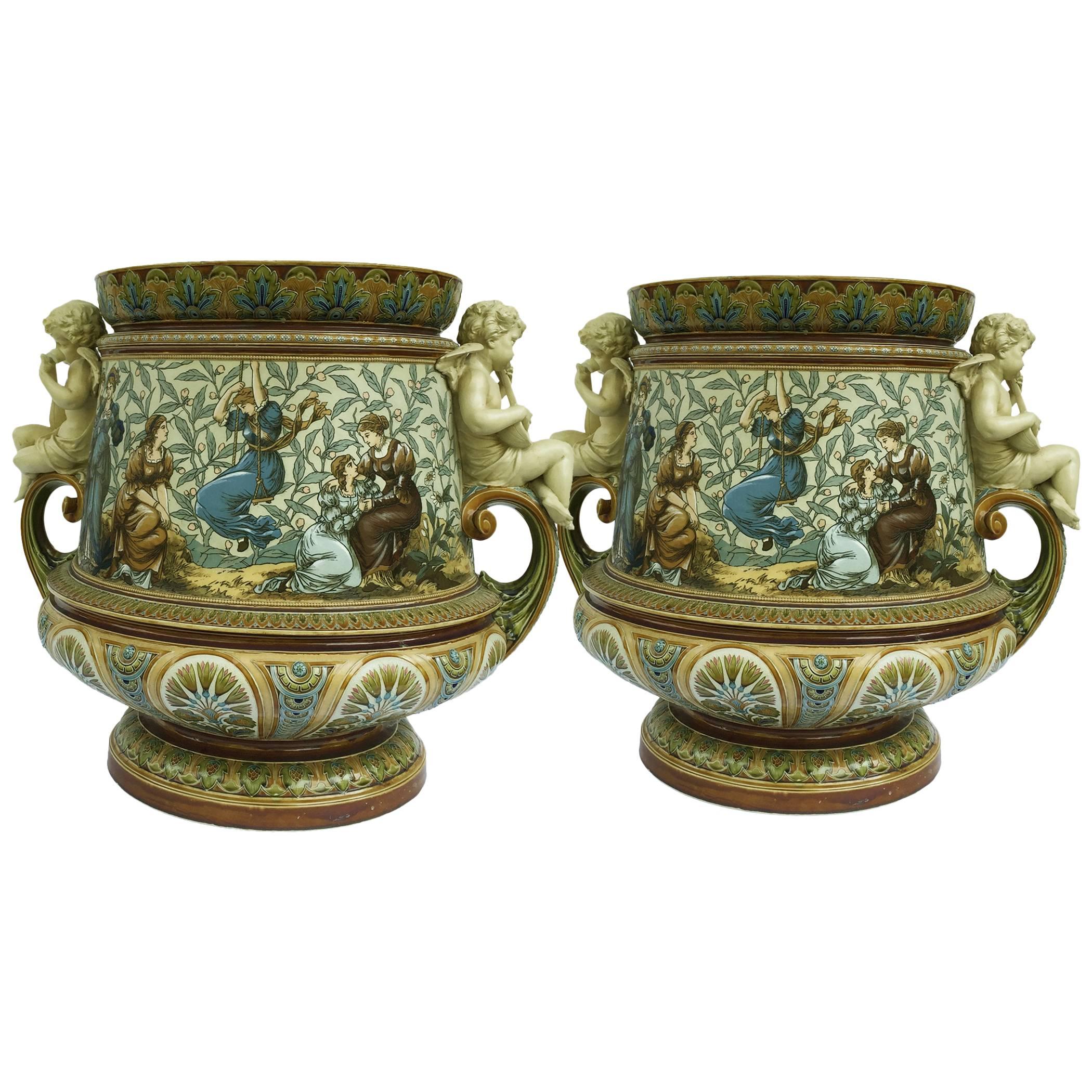 Villeroy & Boch Pair of Monumental Jardinières Painted by Warth, Dated 1888