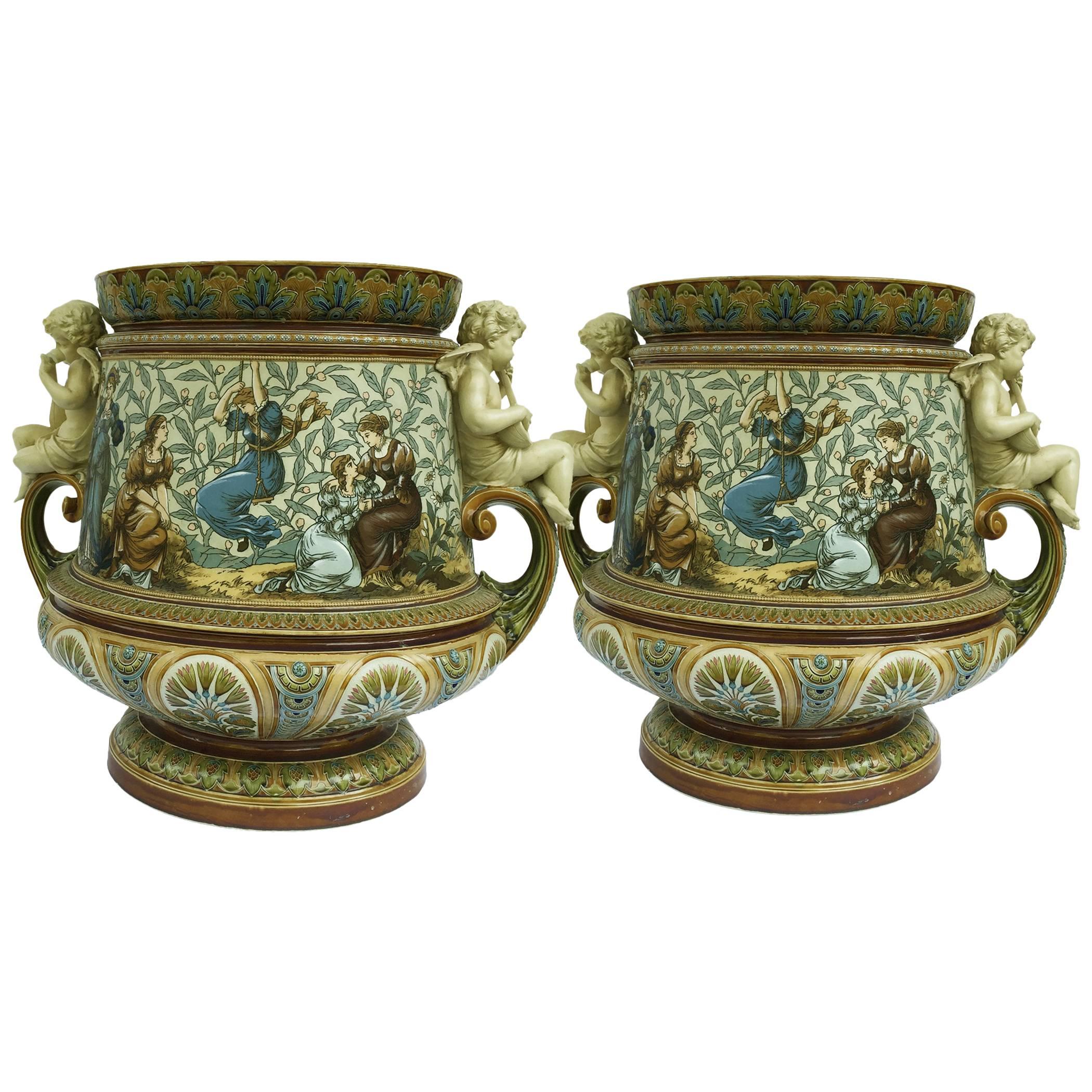 Villeroy 
Boch Pair of Monumental Jardinières Painted by Warth, Dated 1888
