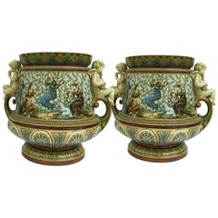 Antique Villeroy & Boch Pair of Monumental Jardinières Painted by Warth, Dated 1888