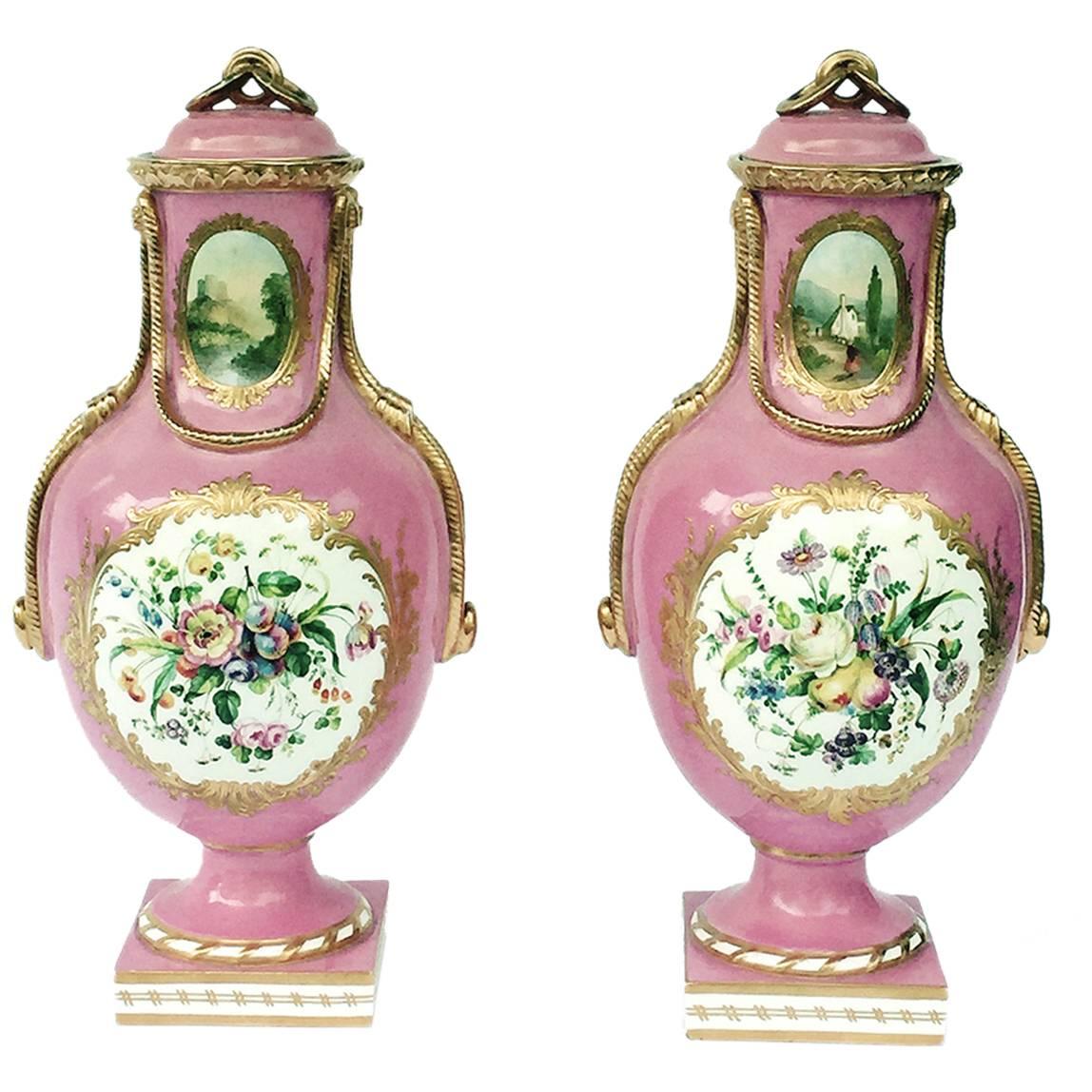 English Coalport 'Coalbrookdale' Porcelain Pair of Rose Pink Vases, circa 1861 For Sale