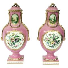 Antique English Coalport 'Coalbrookdale' Porcelain Pair of Rose Pink Vases, circa 1861