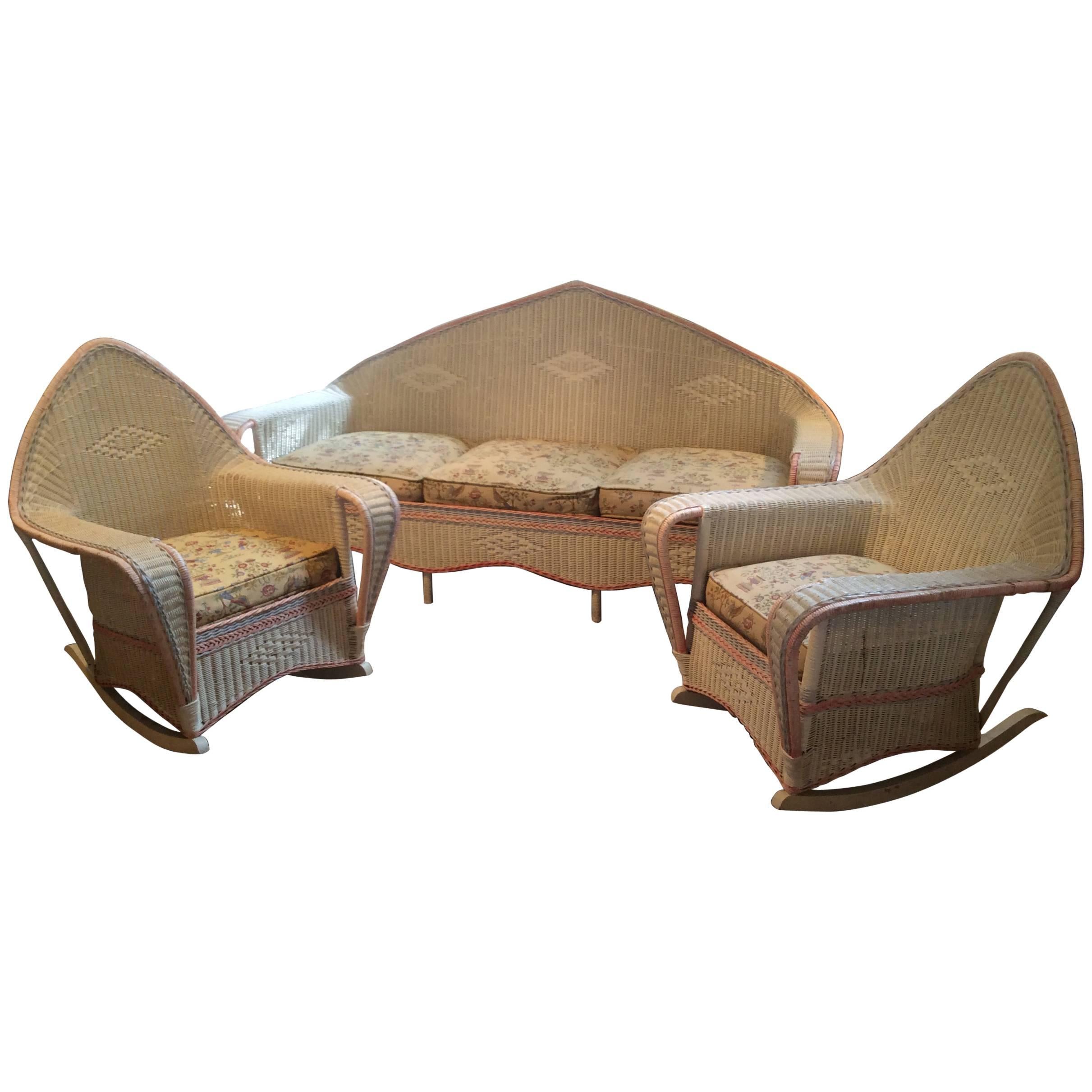 Antique 1930s Wicker Sofa and Pair of Chairs
