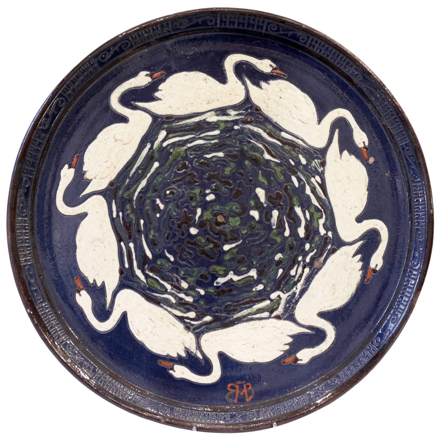 Rare Sandstone Enameled Dish by Paul Jacquet with a Decor of Swans, circa 1915