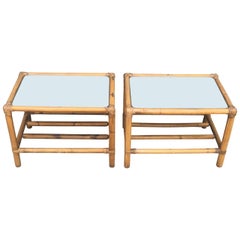 Pair of Mirror-Top Bamboo End Tables