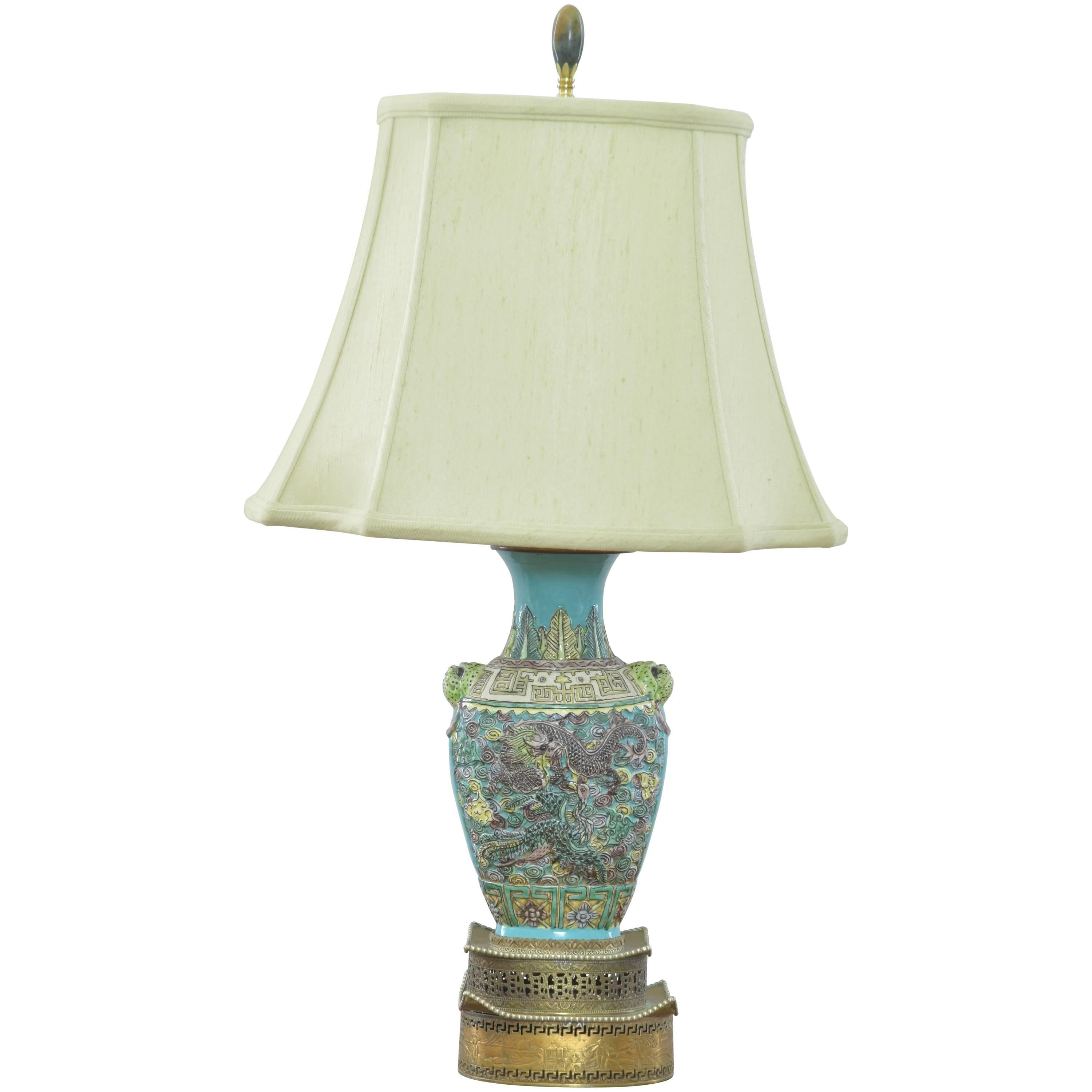 Chinese Porcelain Lamp on Brass Pagoda Base For Sale