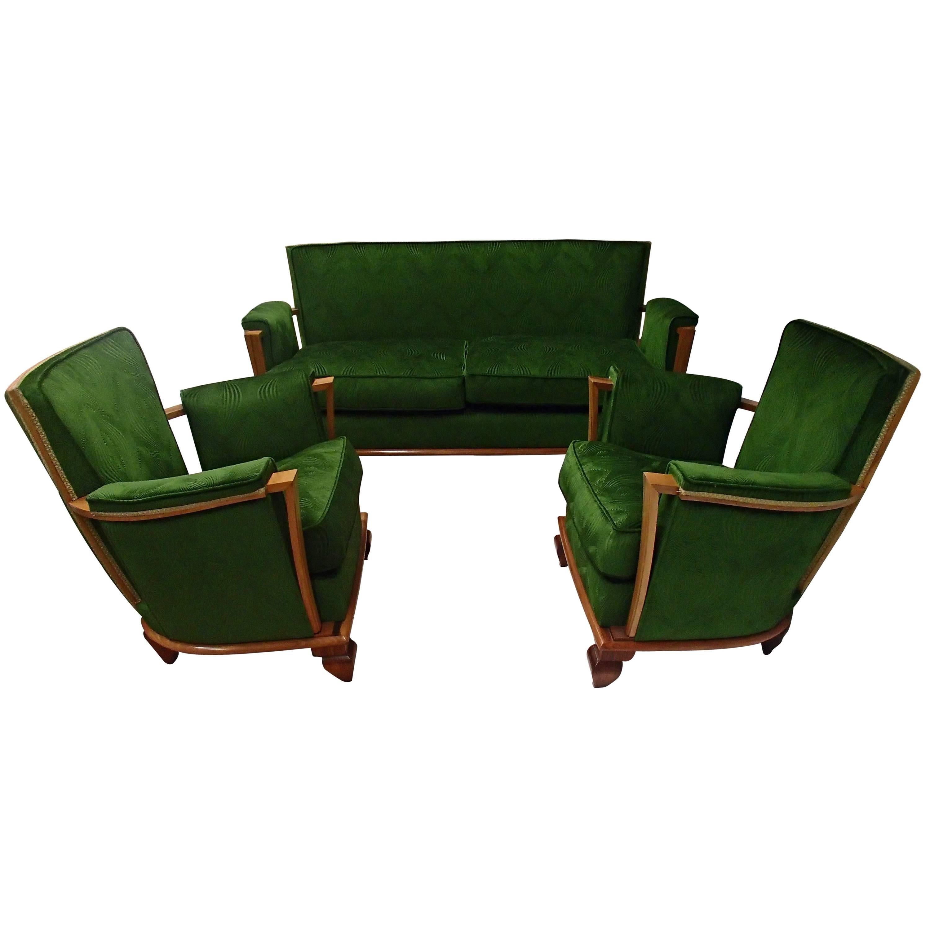 Canapé trois places Art déco en velours vert avec deux fauteuils Merkt en vente