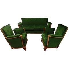 Used Art Deco Green Velours Three-Seat Sofa with Two Armchairs "Merkt"