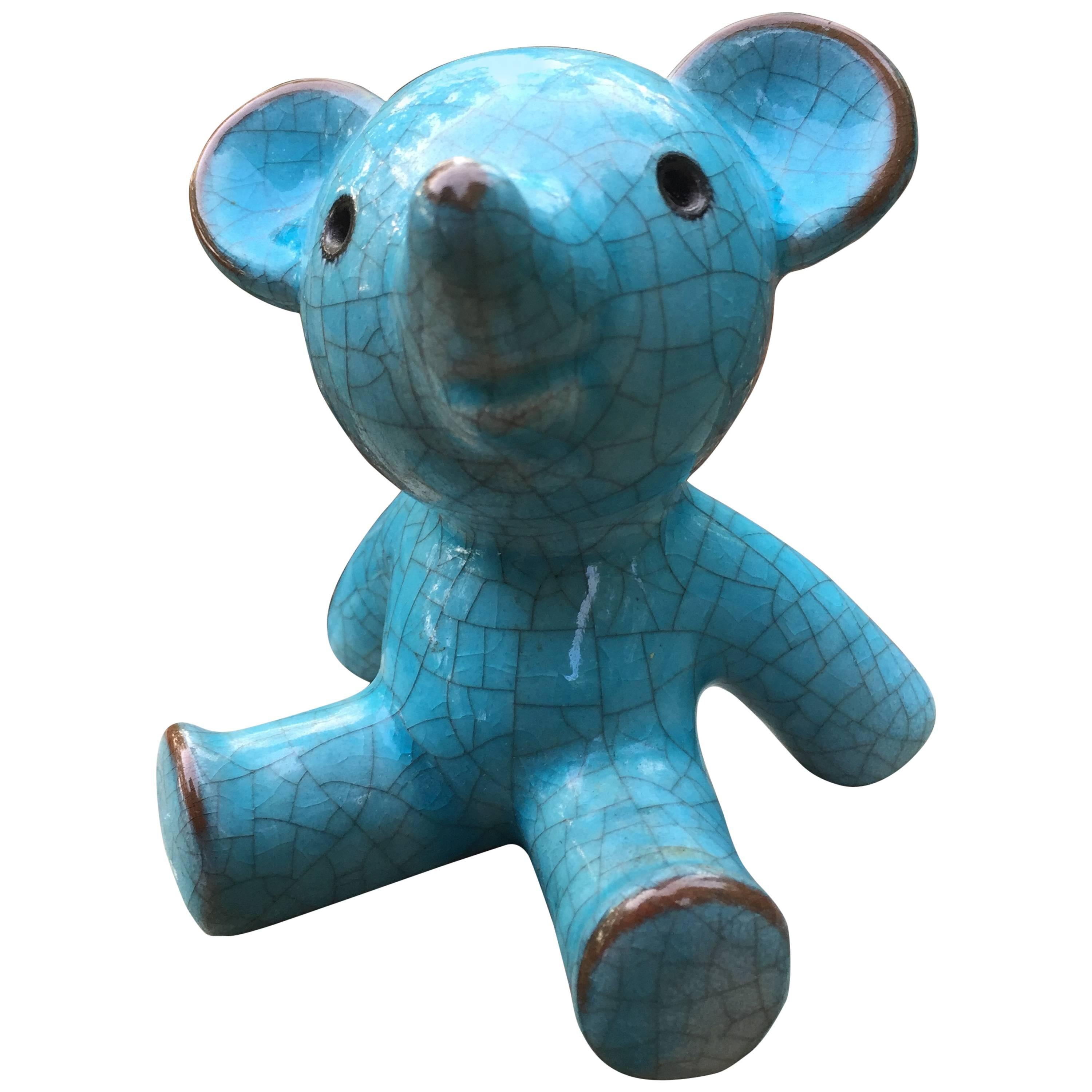 Charming Teddy Bear Blue Glazed Ceramic, Mid-Century Modern, 1950s