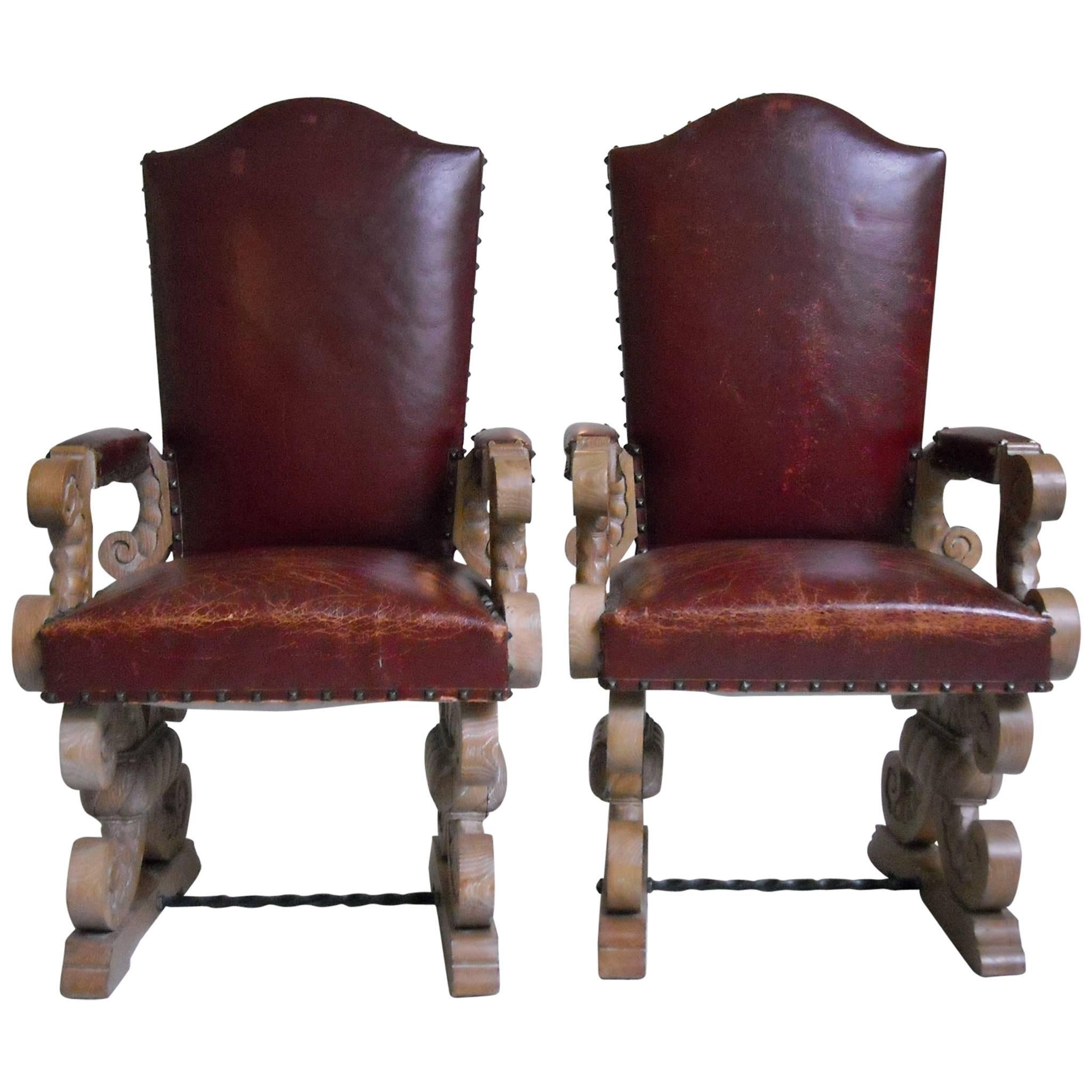 1940 Pair of Side Chairs Chalked Oak and Red Leather For Sale