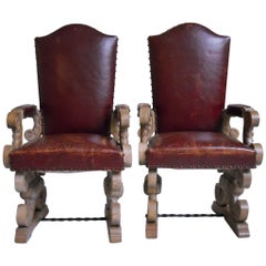 1940 Pair of Side Chairs Chalked Oak and Red Leather