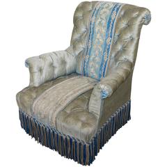 French 19th Century Napoleon III Armchair in Faded Velvet and Contrasting Fringe