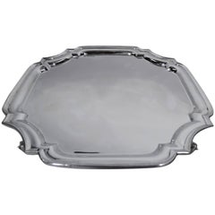 Large English Sterling Silver Square Cartouche Salver Tray