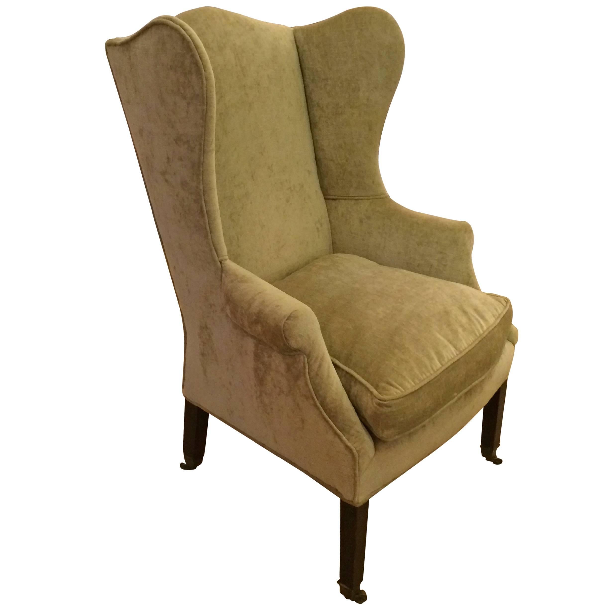 Lovely Antique 19th Century Chippendale Wing Chair in Sage Velvet