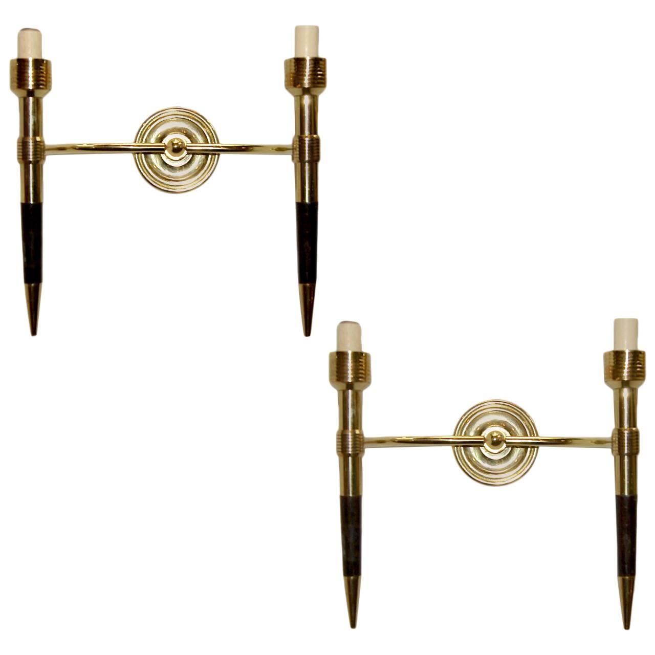 Pair of Wood and Brass Sconces For Sale