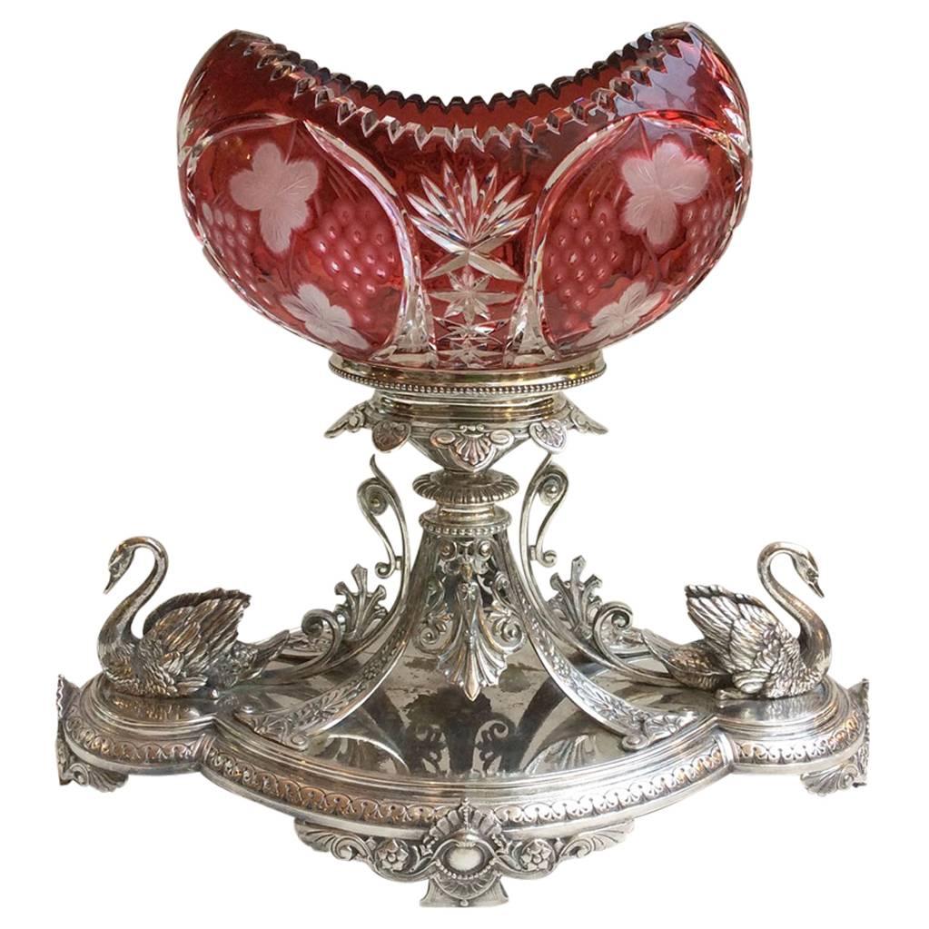Large Elkington Silverplated Swan Centrepiece with Original Crystal Bowl, c.1870 For Sale