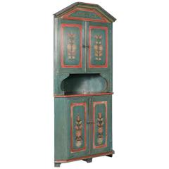 Antique Swedish Original Green Painted Corner Cabinet with Flowers, circa 1840