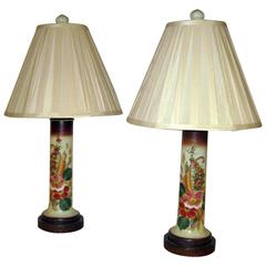 Pair Japonesque Style Hand Painted Porcelain Table Lamps