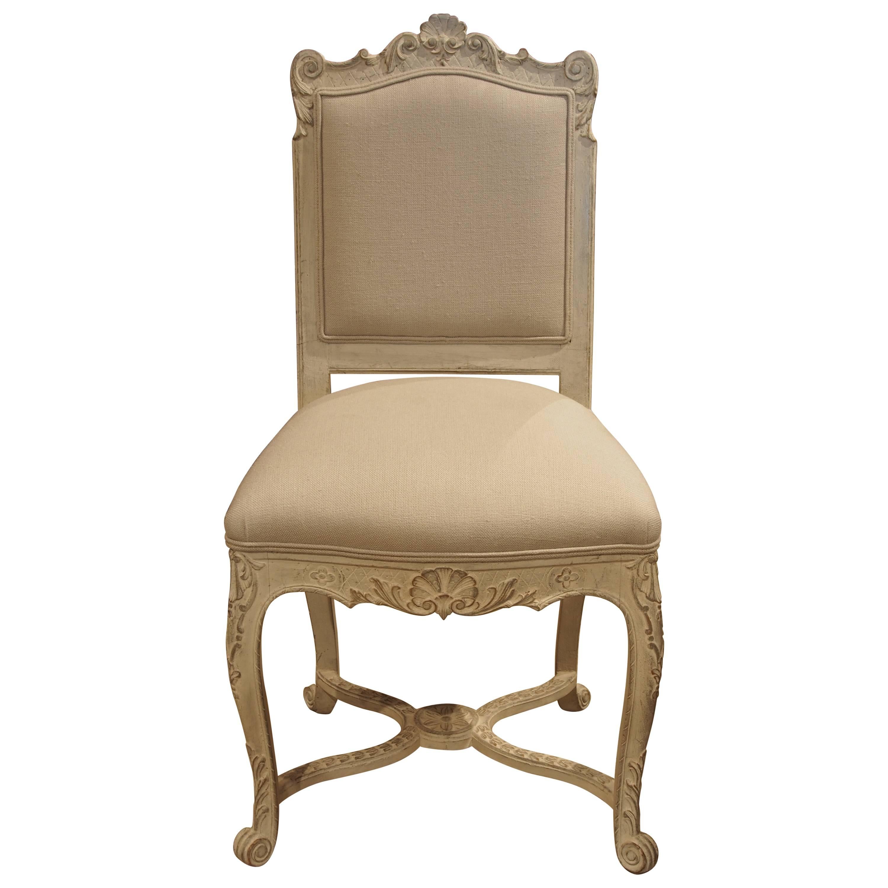 Antique Painted Chair, Rococo Style, Ornate Carved Legs, Newly Upholstered For Sale