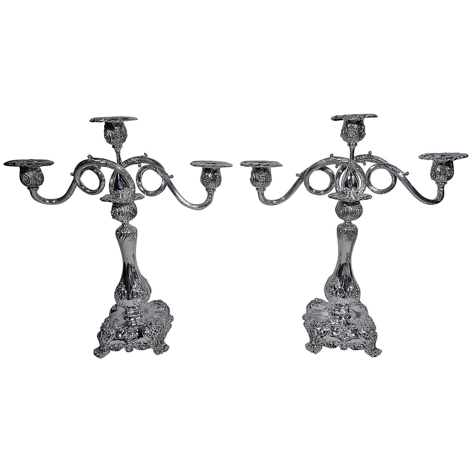 Pair of Sumptuous Tiffany Sterling Silver Three-Light Candelabra