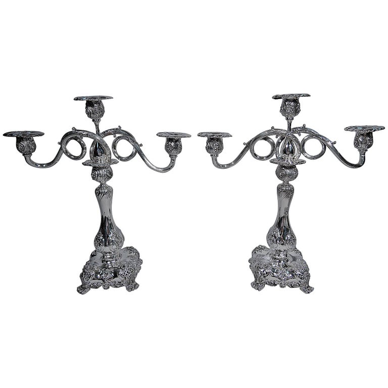 Pair of Sumptuous Tiffany Sterling Silver Three-Light Candelabra For Sale