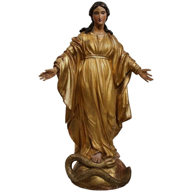 19th Century French Carved and Gilded Virgin Mary Statue Standing on