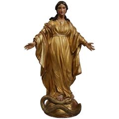 19th Century French Carved and Gilded Virgin Mary Statue Standing on Globe