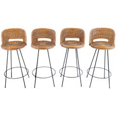 Set of Four Retro Rattan Bar Stools