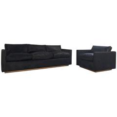 One of a Kind Midcentury Sofa and Chair in Natural Black Brazilian Cowhide