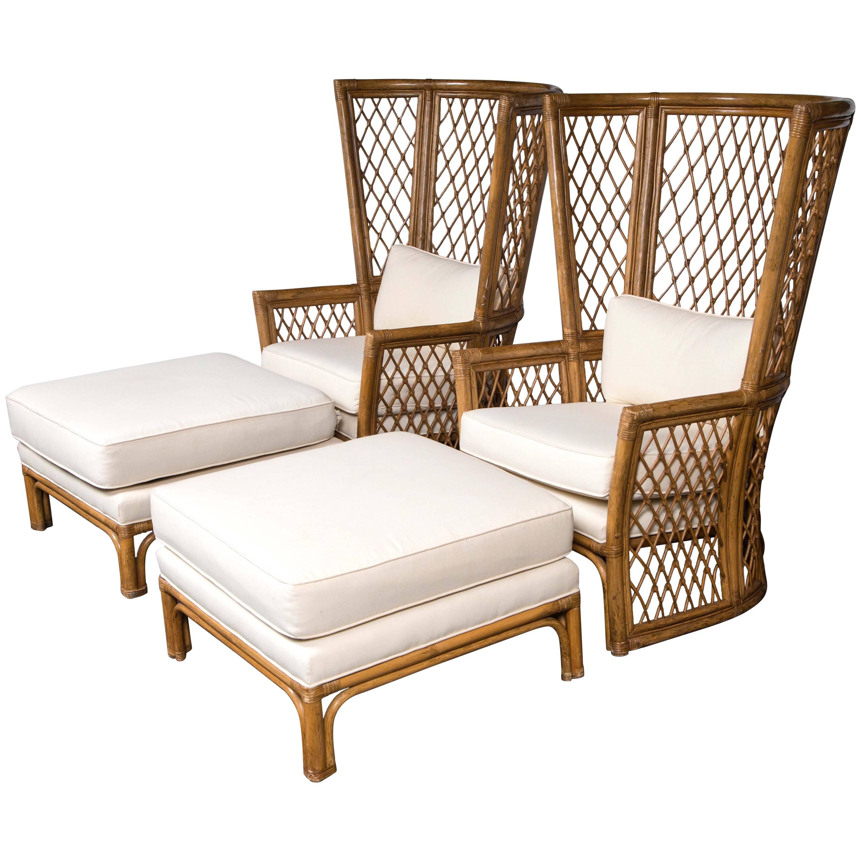 Pair High Back Bamboo Chairs with Ottomans