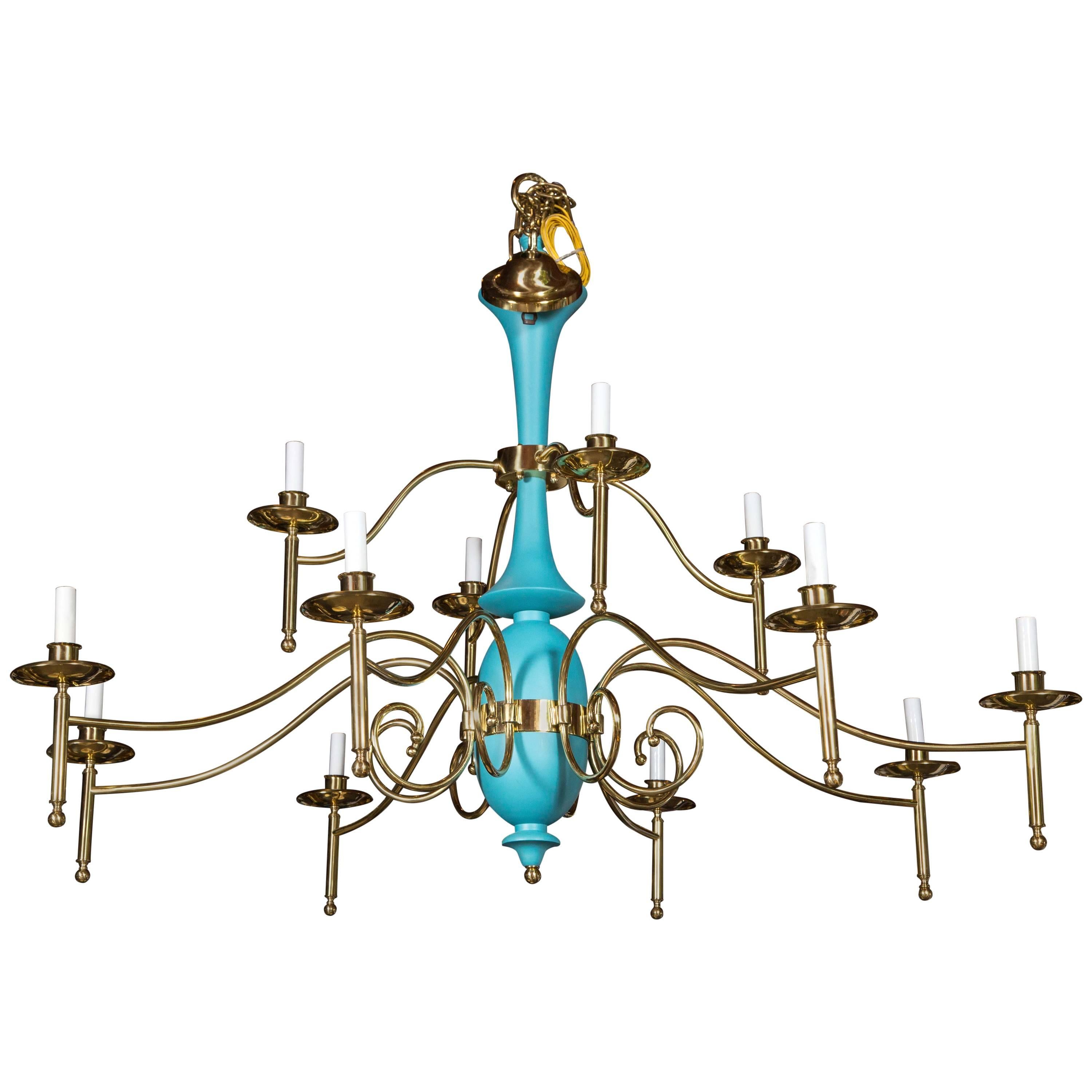 Large Department Store Chandelier, Robin's Egg Blue and Brass
