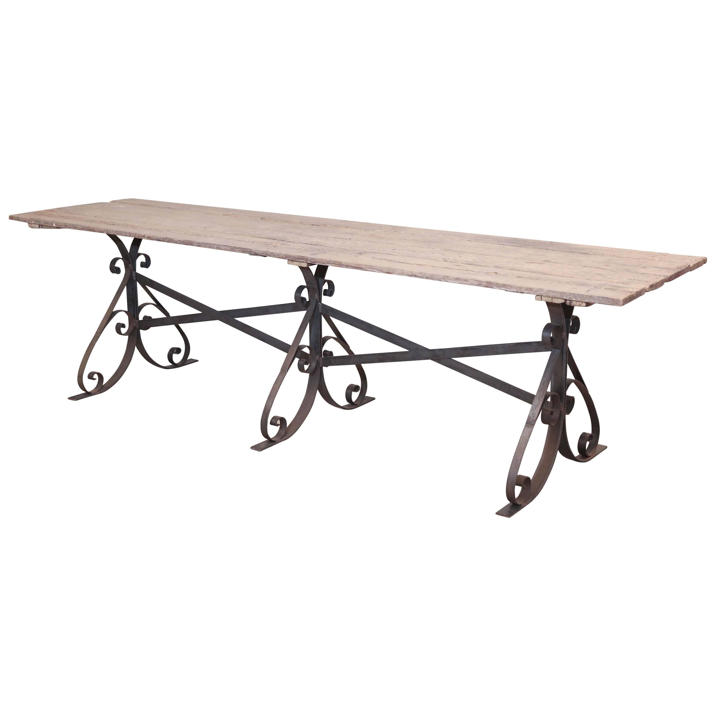 Long Antique French Oak & Iron Wine Table 