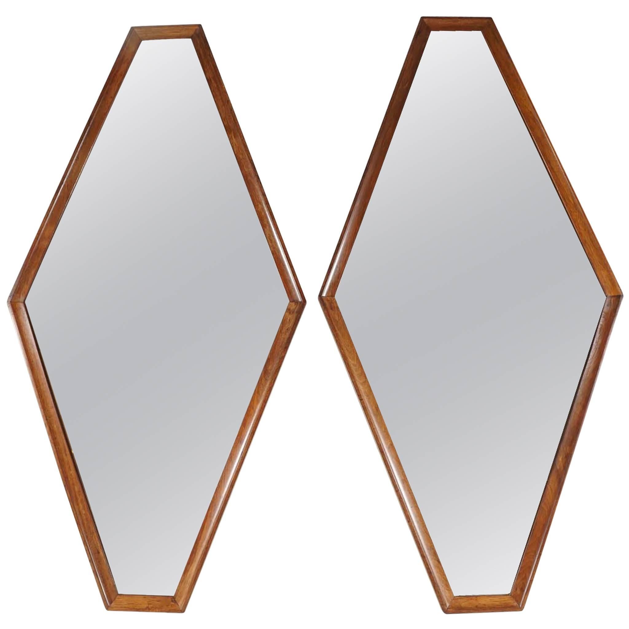 Pair of Diamond Shaped Mirrors with Wood Surround