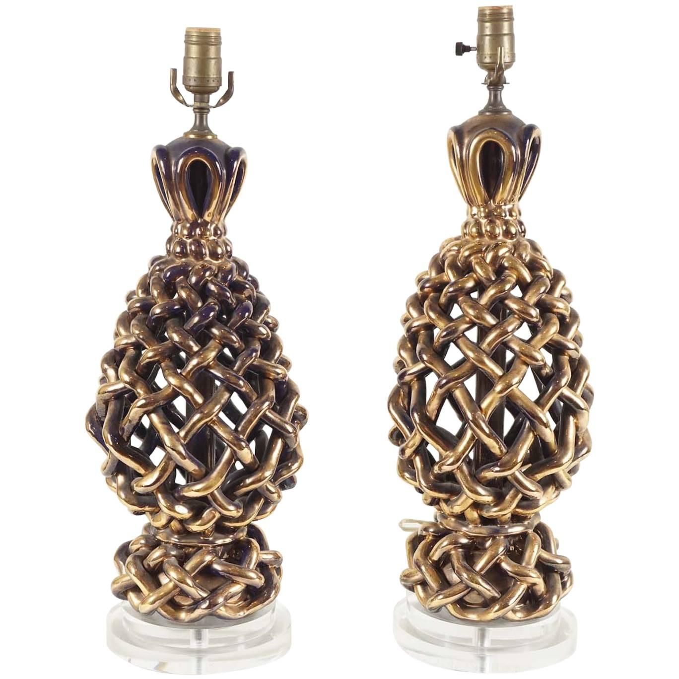 Pair of Italian Ceramic Lattice Woven Lamps For Sale