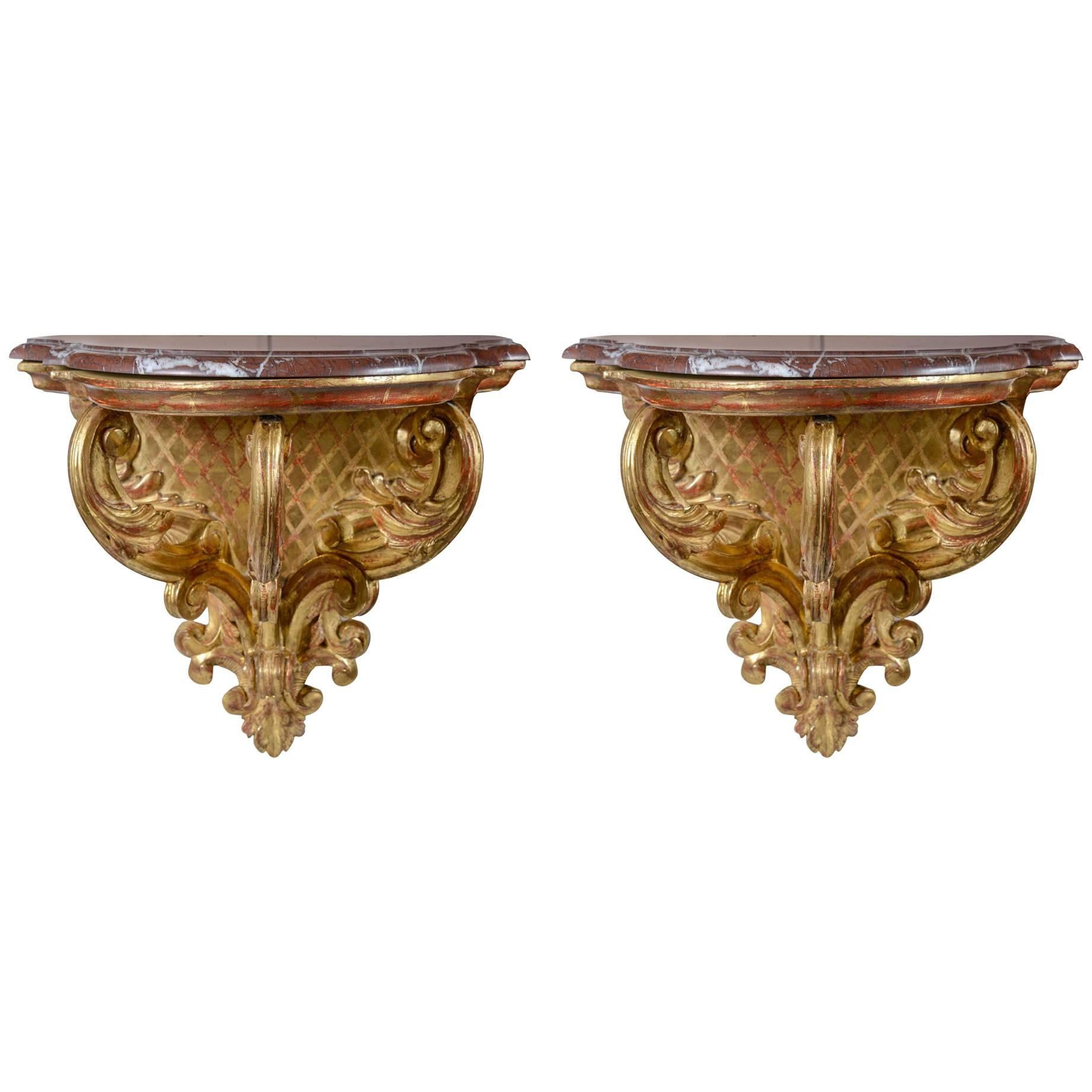 Pair of Gilded Wood Italian Wall Consoles For Sale