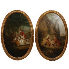 Pair of Antique French Louis Period Oval Oils on Canvas