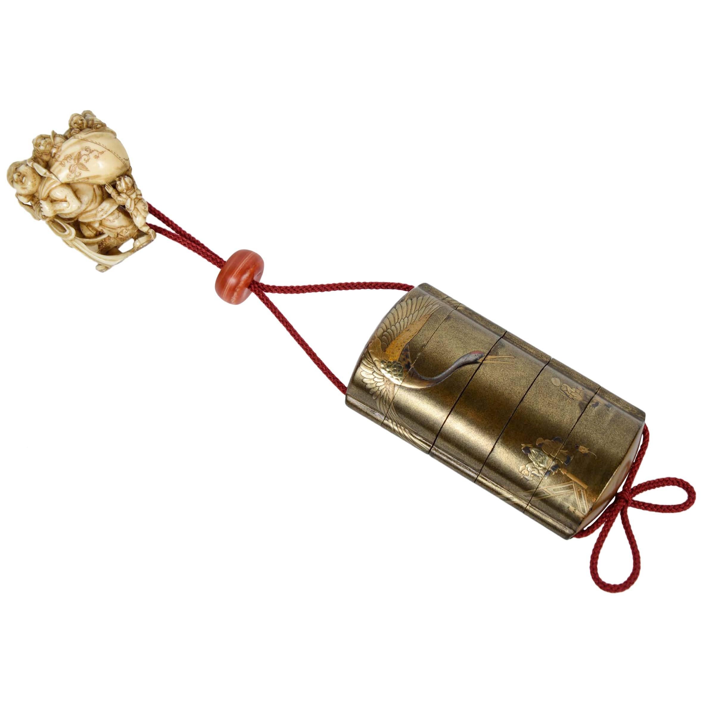 Japanese Gold Lacquered Inro and Netsuke 'Pill Box'
