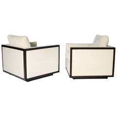 Pair of Cube Wood Frame Upholstered Club Chairs