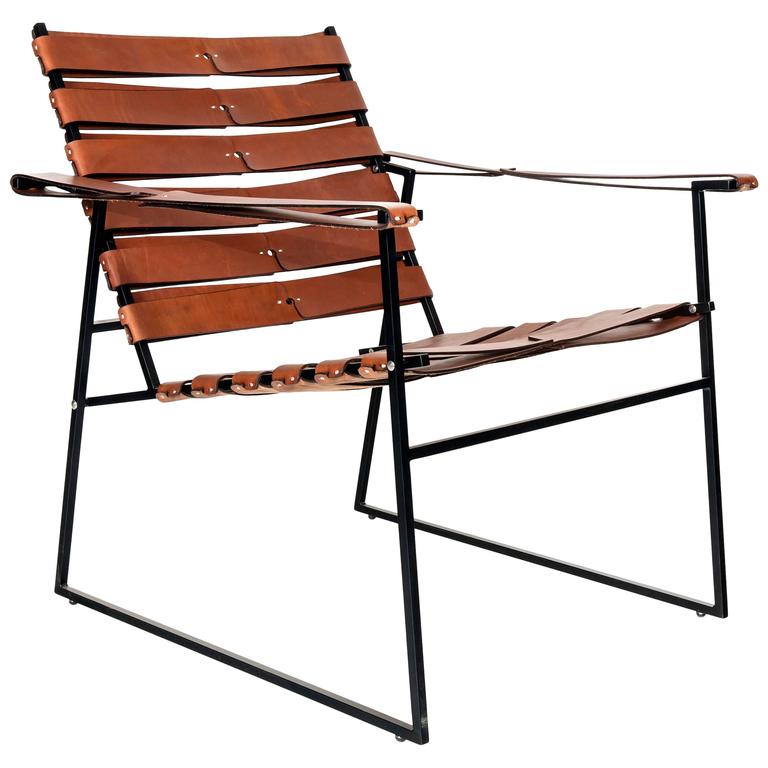 Chair Five, PowderCoated Steel and HandSewn Leather Lounge Chair For
